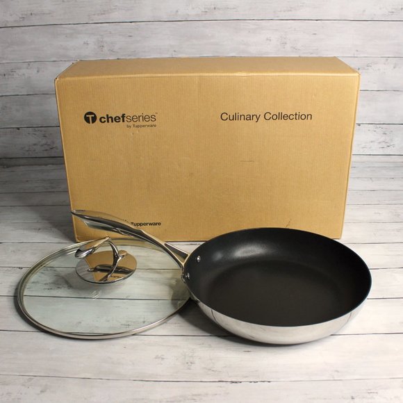 Tupperware Chef Series Non Stick 11" Fry Pan Stainless Steel Glass Cover - Picture 3 of 7